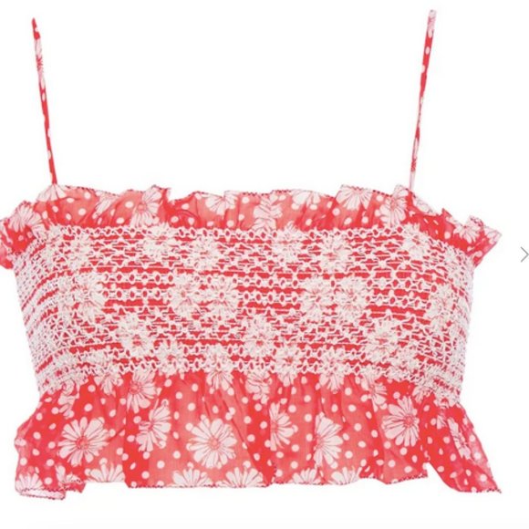 Lisa Marie Fernandez Cropped smocked printed cotton voile top red - Picture 1 of 4